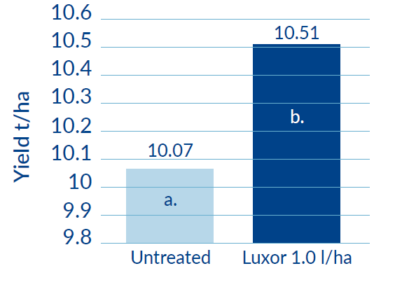 Effects of Luxor on Winter Wheat Yield when applied at GS22 graph